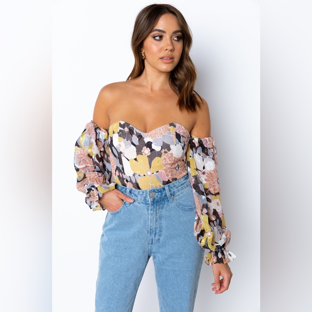 Seven Wonders x Revolve Puff Sleeve Floral Print Boho Cheeky Bodysuit Small